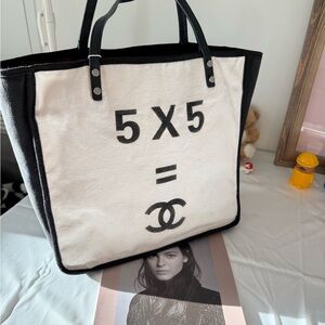 CHANEL Black & White Canvas Tote with 5x5 Logo Print
